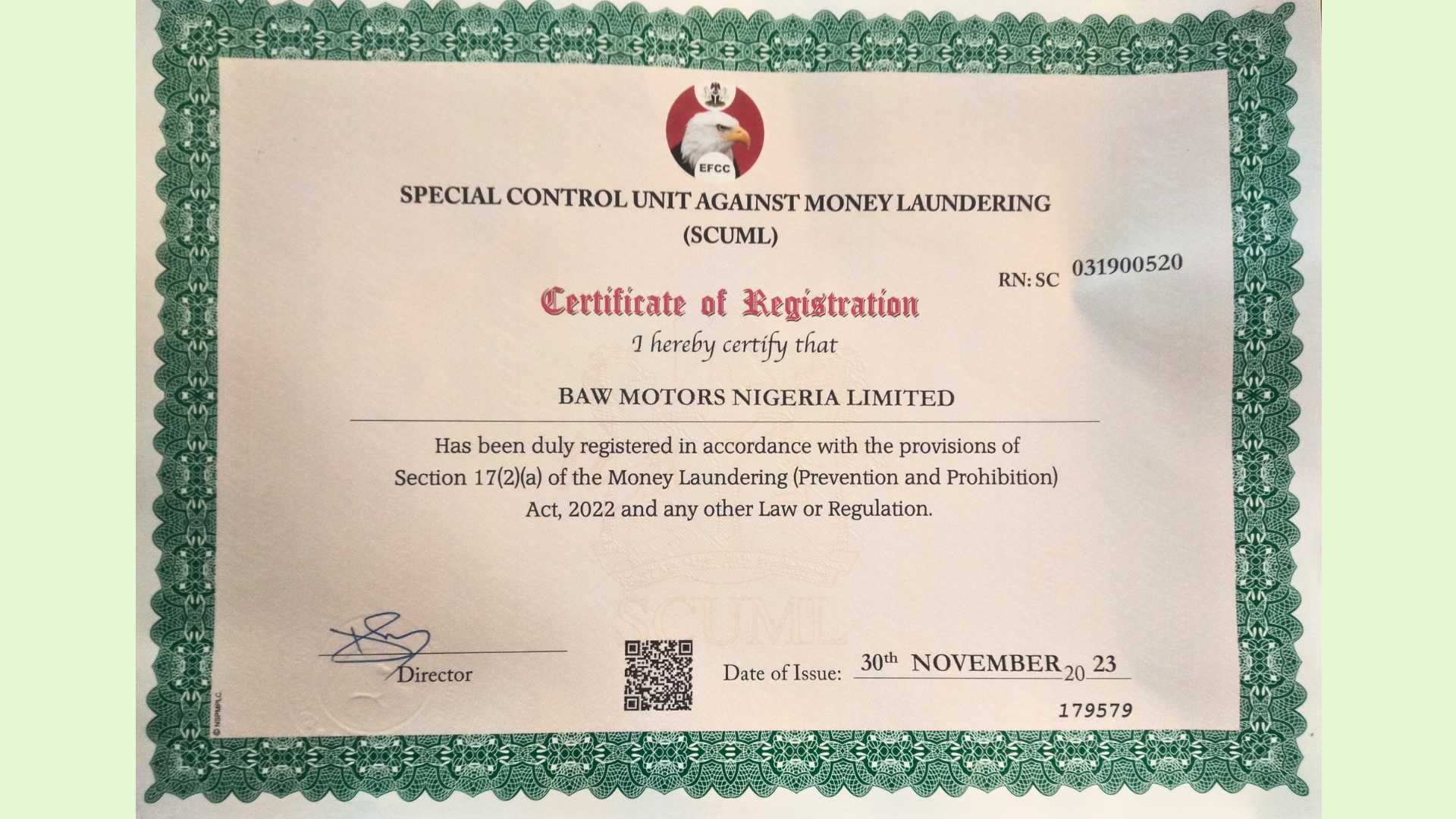 CERTIFICATE OF REGISTRATION FROM SCUML